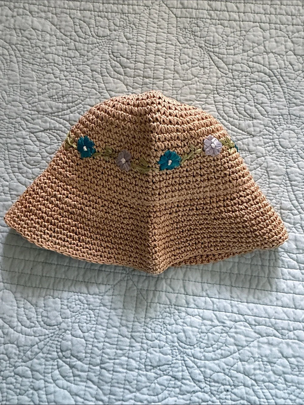 Kids Straw Sun Hat with Blue Floral Trim